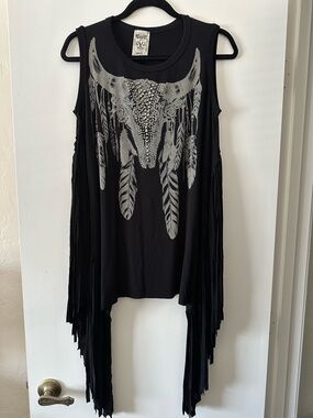 Vocal Black Fringe Tank with Studded Bull Skull Graphic
